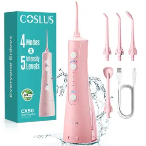 COSLUS CX50 Portable Water Flosser for Teeth: 4 Modes & 5 Intensity Levels Professional Electric Dental Pick for Sensitive Gums, Braces & Orthodontic - Cordless for Travel Use, for Adults, BPA-Free, Pink