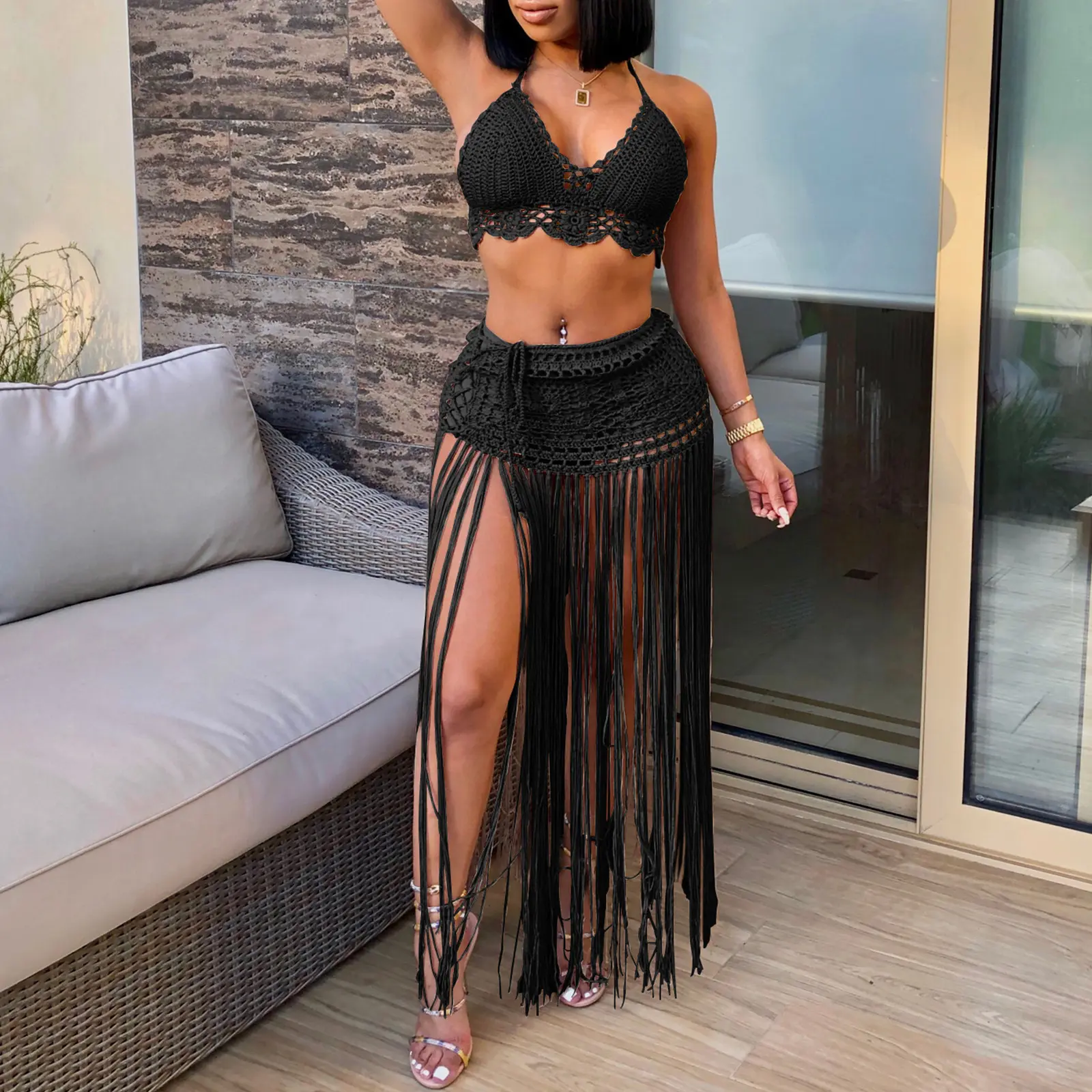 Hand-Crocheted Beach Bikini Top with Long Tassel Skirt Two-Piece Set