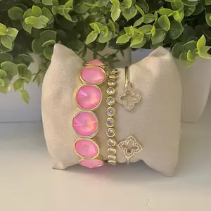 Bracelet Stack Set with Round Cut Link Stretch Bracelet, Tennis Bracelet and Clover Cuff Pink Stackable Jewelry Pieces