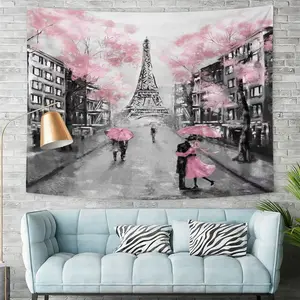Romantic Paris Street Wall Tapestry, Romantic Digital Print Tapestry featuring Iron Tower and Cherry Blossoms, Elegant Home Decor Wall Hanging for Living Room, Bedroom, and Office, Moody Rainy Day Aesthetic Tapestries for Cozy Ambiance