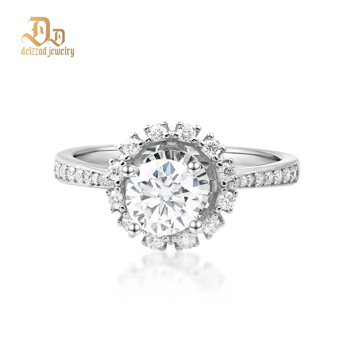 Delzzad 1ct High Setting Ring Round Synthetic Moissanite S925 Ring Band Christmas Gift