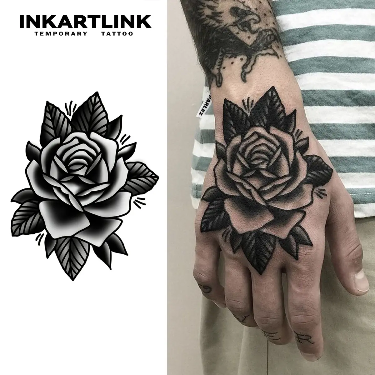 INKARTLINK Tattoo Tech, 2 Sheets Semi-Permanent Temporary Tattoos, Ink Rose, Adult Art Design,Lasts 1-2 Weeks, Waterproof, Realistic Look, No Adhesive, No Reflection,For Man And Woman,Ideal for Swimming, Party, Temporary Tattoo, Sticker Tattoos