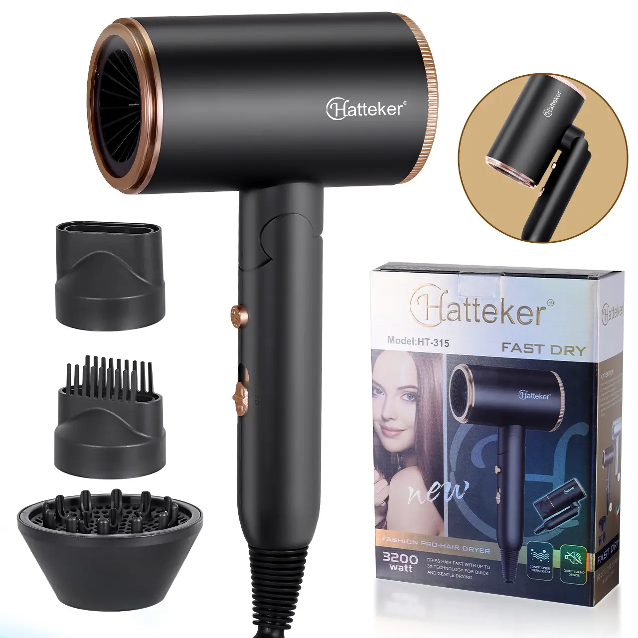 3200W Professional Hair Dryer, Powerful Blow Dryer with Concentrator Nozzle, Quiet Design Hair Dryer for Women and Men, Smart Hair Care Styling Tool, Lightweight Portable Dryer for Home and Daily Use