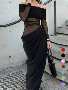2026 New Model Women's Plain Off Shoulder Ruched Sheer Mesh Long Sleeve Maxi Dress Elegant Evening Party Banquet Formal Prom Bodycon Gown, Outdoor, Stretchy, Soft Touch, Slimming Style, Vacation Ready