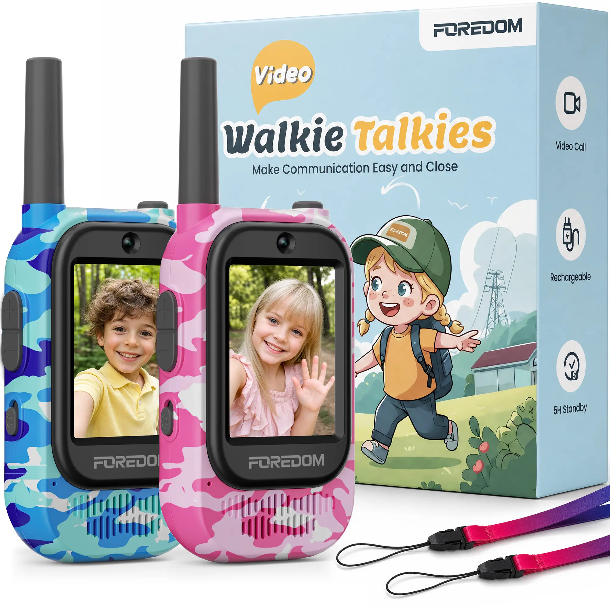 FOREDOM Video Walkie Talkies Toys for Boys Girls, Rechargeable Kids Walkie Talkies with Camera MusicReal-Time HD Screen Outdoor Fun Gift for Kids