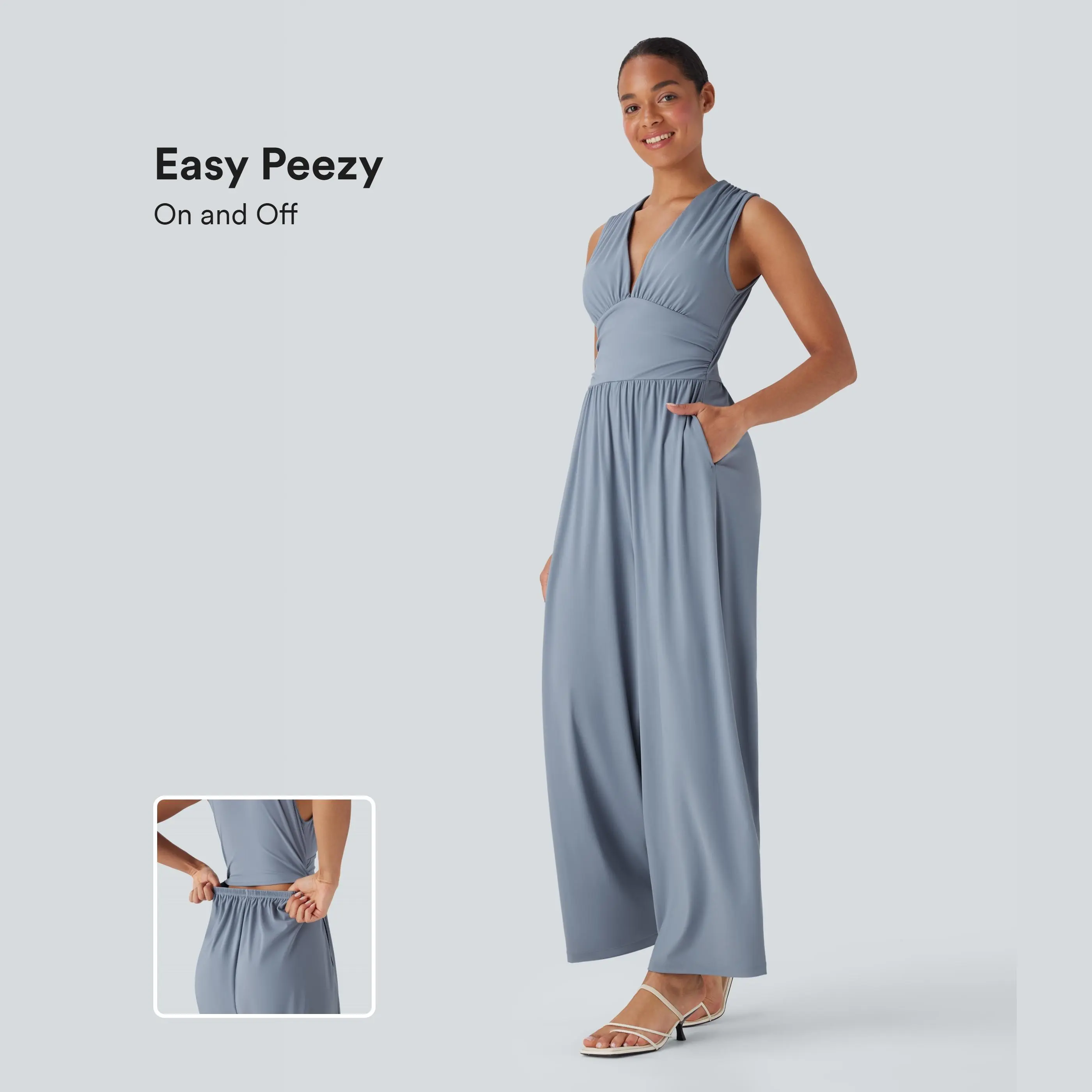 Halara Softlyzero Airy V Neck Sleeveless Ruched Side Pocket Invisible Zipper InstantCool Casual Jumpsuit-Easy Peezy
