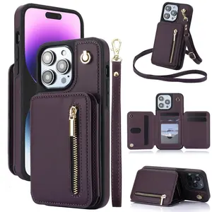 [LX]Multifunctional PU Leather Crossbody Zipper Wallet Phone Case with Lanyard, 1 Count Shockproof Phone Protective Case for iPhone 11 12 13 14 15 16 Pro Max/Pro/Plus, Cover