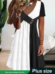 [Plus Size] Patchwork Print Dress, Boho Style Womenswear, Plus Casual Fashion V Neck Short Sleeve Dress for Daily Outdoor Wear, Women Plus Clothing for All Seasons, Casual Boho Fit
