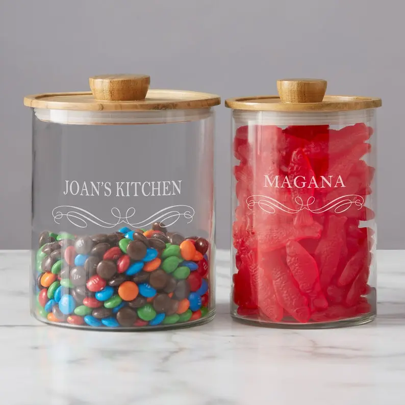 Classic Kitchen Personalized Glass Container with Acacia Lid - 30 oz & 50 oz Options, Etched Names Up to 24 Characters, Ideal for Home Decor