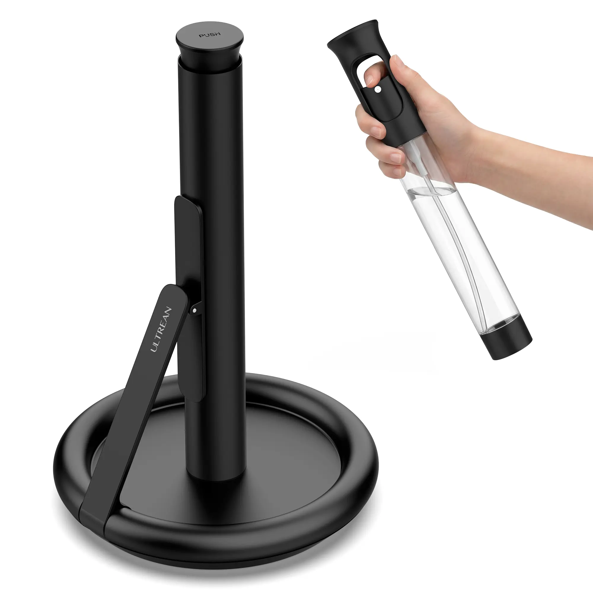 Ultrean Single Unit Stainless Steel Countertop Freestanding Paper Towel Holder with Spray Bottle, Adjustable-Gentle Tension Arm for 1-Hand Tear, Stable Weighted Non-Slip Base for Kitchen Bathroom Home Supplies
