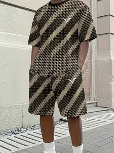 Fashion Geometric Graphic Pattern Short Sleeve Set, Menswear Unisex Casual Sportswear, Breathable Summer, Slim-Fit H-Type Design