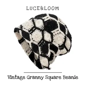 【LUCE&LOOM】Retro Y2K Granny Square Crochet Slouch Hat – Geometric Floral Breathable Knit Cap for Cottagecore & Street Style Aesthetics