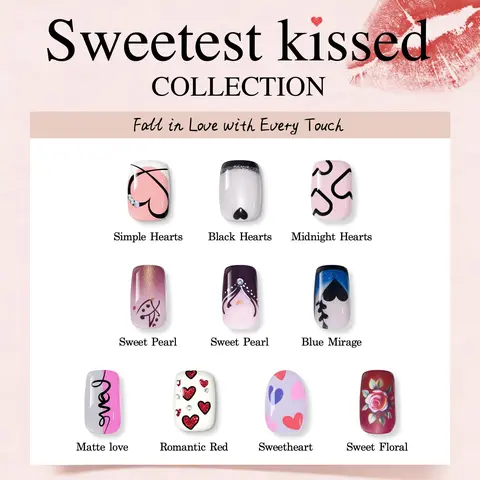 Sweetest Kissed Collection – CurvLife Valentine Press On Nails Inspired by Love, Kisses, and Romantic Moments | Heart Designs in Pink, Red & Pearl for Valentine’s Day | Reusable Valentine Gift Set