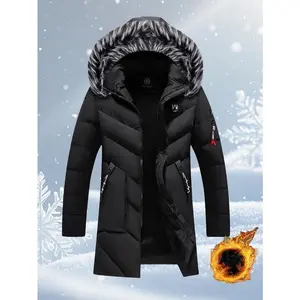 Men's Winter Hooded Thermal Cotton Coat - Dry, breathable, windproof full-zip outer jacket with soft polyester lining. Removable fur collar. Suitable for wearing in cold weather. Machine washable. Regular fit. Men's winter mid-length thermal coat.