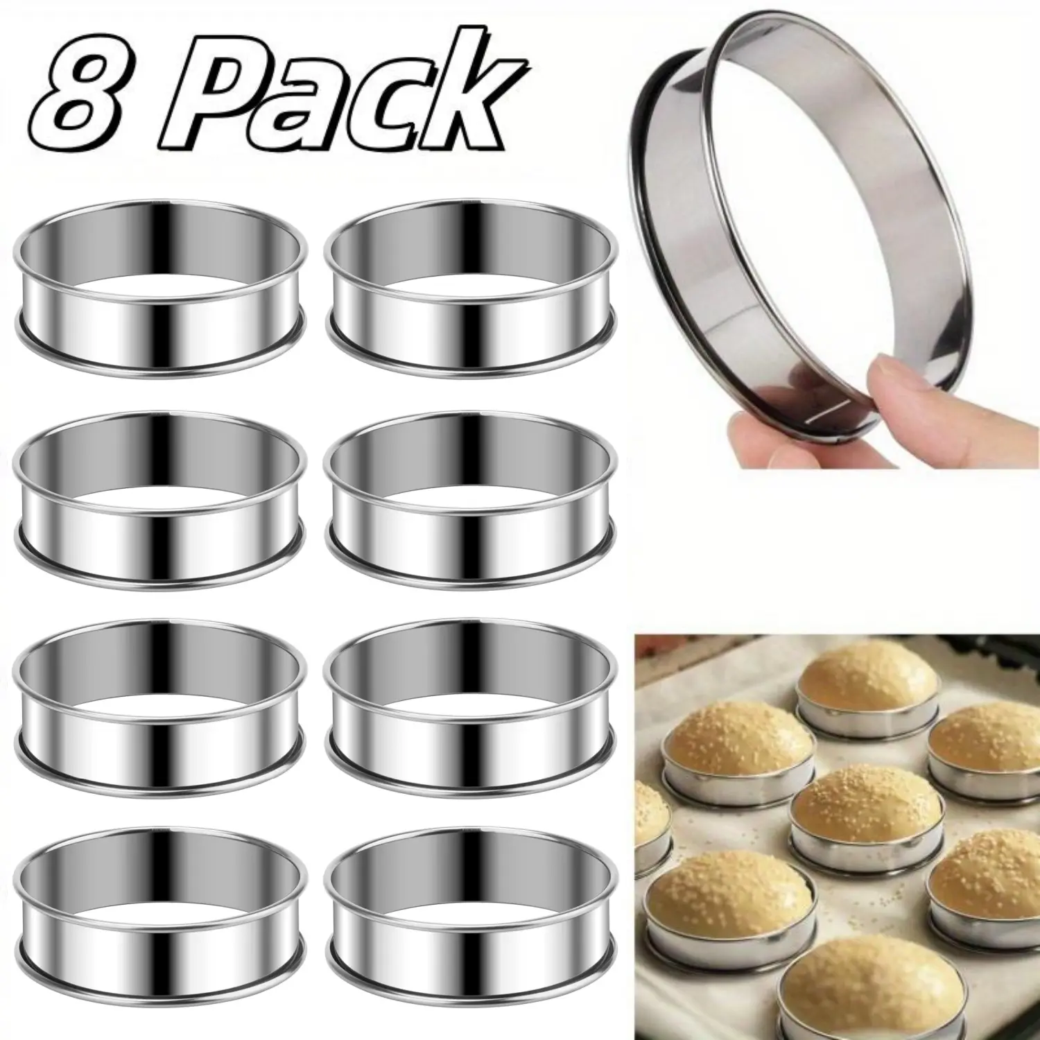 4/8/12PCS Double Rolled Crumpet Rings English Muffin Rings Nonstick Stainless Steel Pastry Tart Rings for Baking Round Egg Ring Molds Kitchen Cooking Baking Accessories