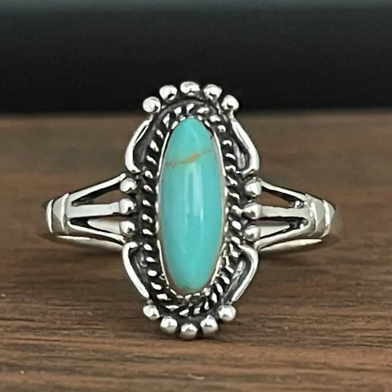 Vintage Mid-Century Turquoise Ring - Bohemian Ethnic Marquise Colored Gemstone Jewelry, Indigenous-Inspired Retro Ring for European Audiences, Turquoise Jewelry, Colored Gemstone Rings