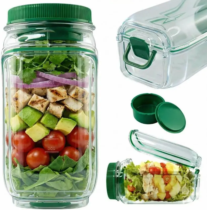 35oz Leak-Proof Divided Salad Jar - BPA-Free, Side-Opening, Reusable Container Jar with Detachable Dressing Cup, Silicone Lightweight Utensils, Transport-Friendly Meal Prep Option for Office Lunch, Fruit Snacks
