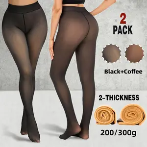 2PCS Magic Fleece Lined Tights w/ 2-Thickness Option 200/300g - ONE-LINED SEAM Women's Fake Sheer Warm Pantyhose Thick Winter Leggings Thigh Highs Fashion