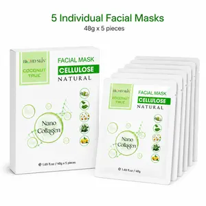 BIOHD SKIN Nano Collagen Coconut Sheet Mask, Bio-Cellulose Hydrating Facial Mask, K-Beauty Self Care, Soft & Smooth Skin Feel, 5 Sheets (1.69 fl oz)