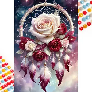 5D DIY Diamond Art Painting Kit, Rose Dreamcatcher Feather Mosaic Canvas Art, Home Wall Decor Gift for Ramadan, Birthday, Anniversary, Diamond Art Tools, Diamond Painting Kits