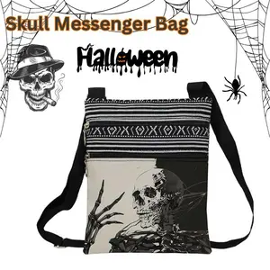 Halloween Skull Messenger Bag – Gothic Crossbody Bag with Ethnic Print, Adjustable Strap & Zipper Pouch – Spooky Shoulder Bag for Women, Girls, Costume Accessory or Gothic Gift