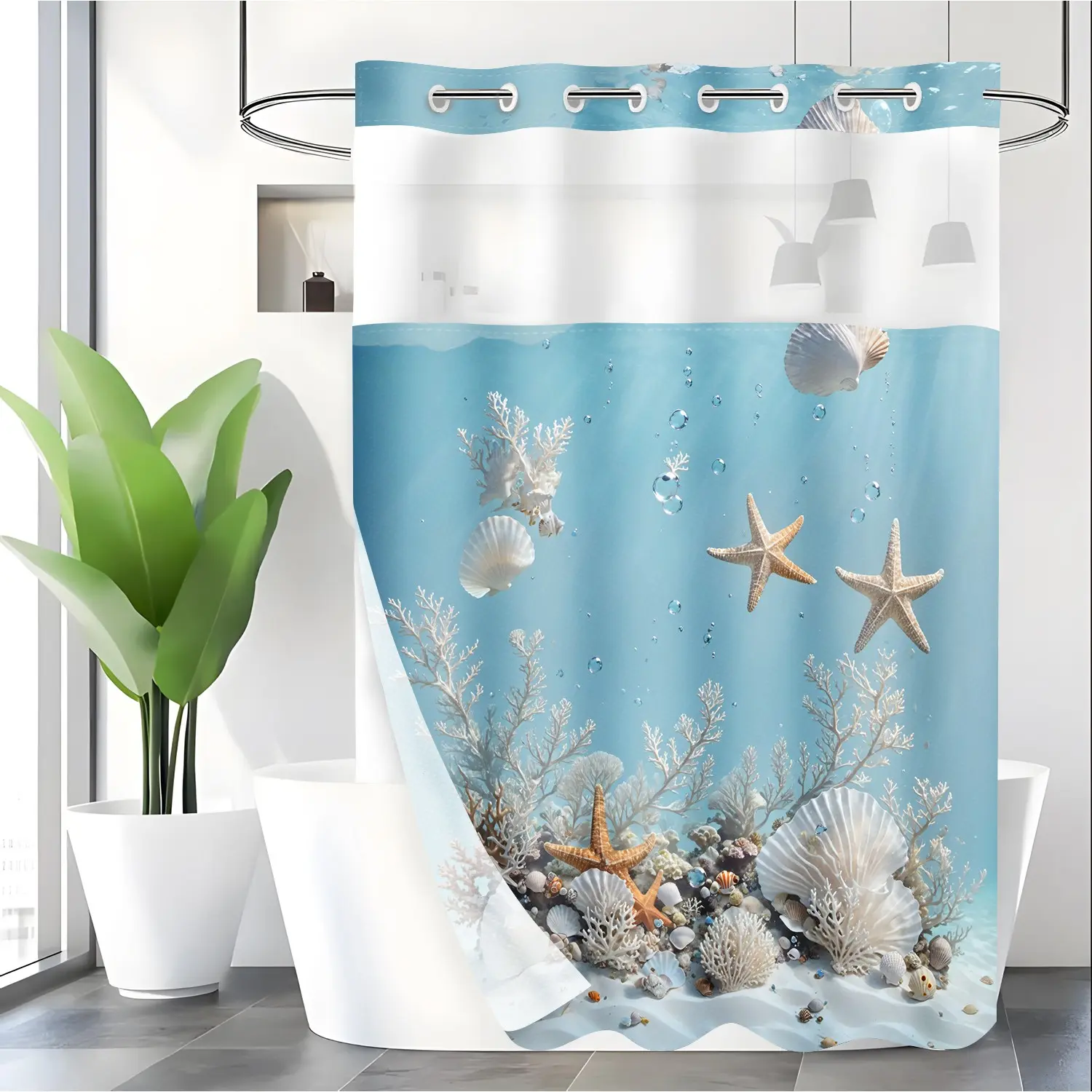 LVRLVR 1pc Ocean Themed Underwater Coral Seashell Starfish Pattern Polyester Double Layer Lined Aesthetic Bathroom Decorative Shower Curtain 70.874 Inches/180188cm