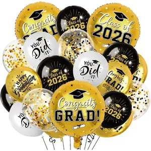 Black and Gold Graduation Balloons Graduation Decorations 2026, 51Pcs Grad Latex Balloons and Grad Foil Balloon with Confetti Ribbons Grad Party Decorations for College High School