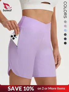 BALEAF 7" Women's Running Shorts, Crossover High Waisted Athletic Active Shorts with Zipper Pocket, Quick Dry Lightweight Breathable Moisture Wicking, Tummy Control Sun Protection for Workout Hiking Walking Gym Travel Outdoor Female