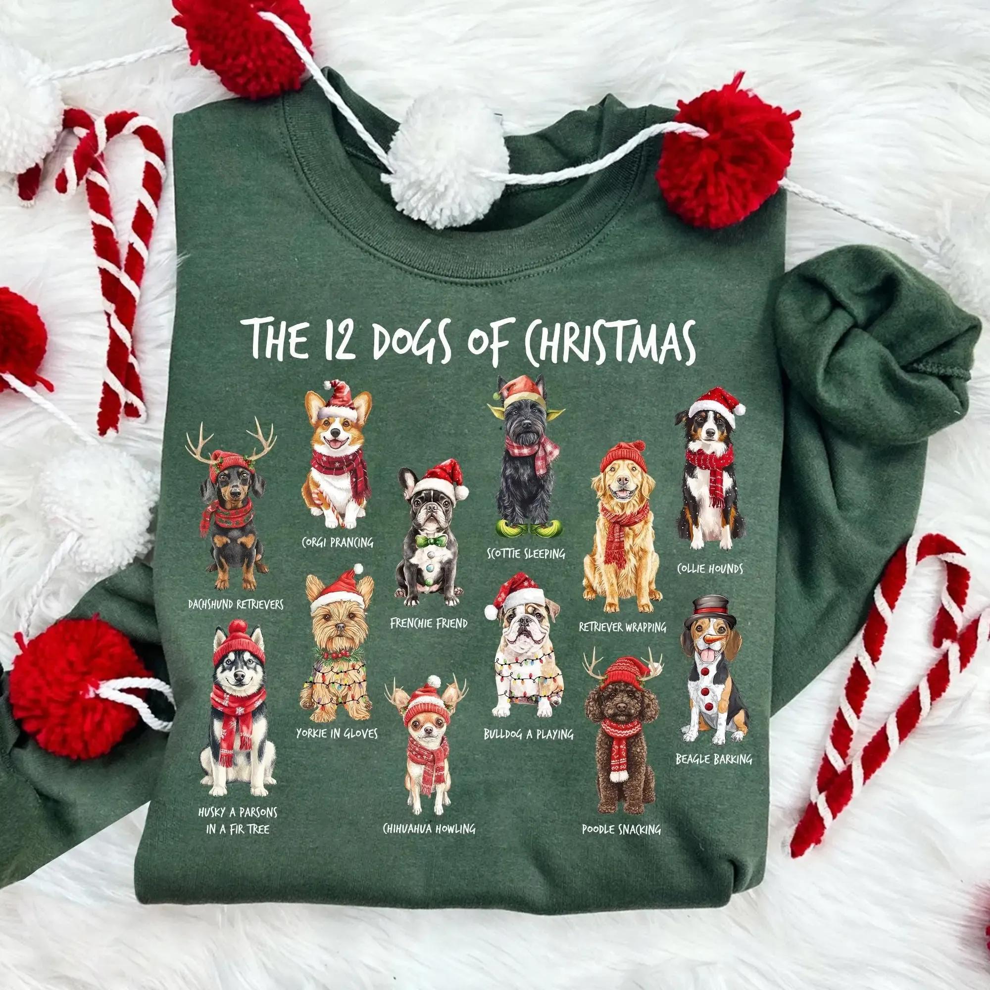 12 Dogs of Christmas Sweatshirt – Retro Christmas Dog Graphic Crewneck, Cute Holiday Puppy Pullover, Gift for Dog Moms & Pet Lovers