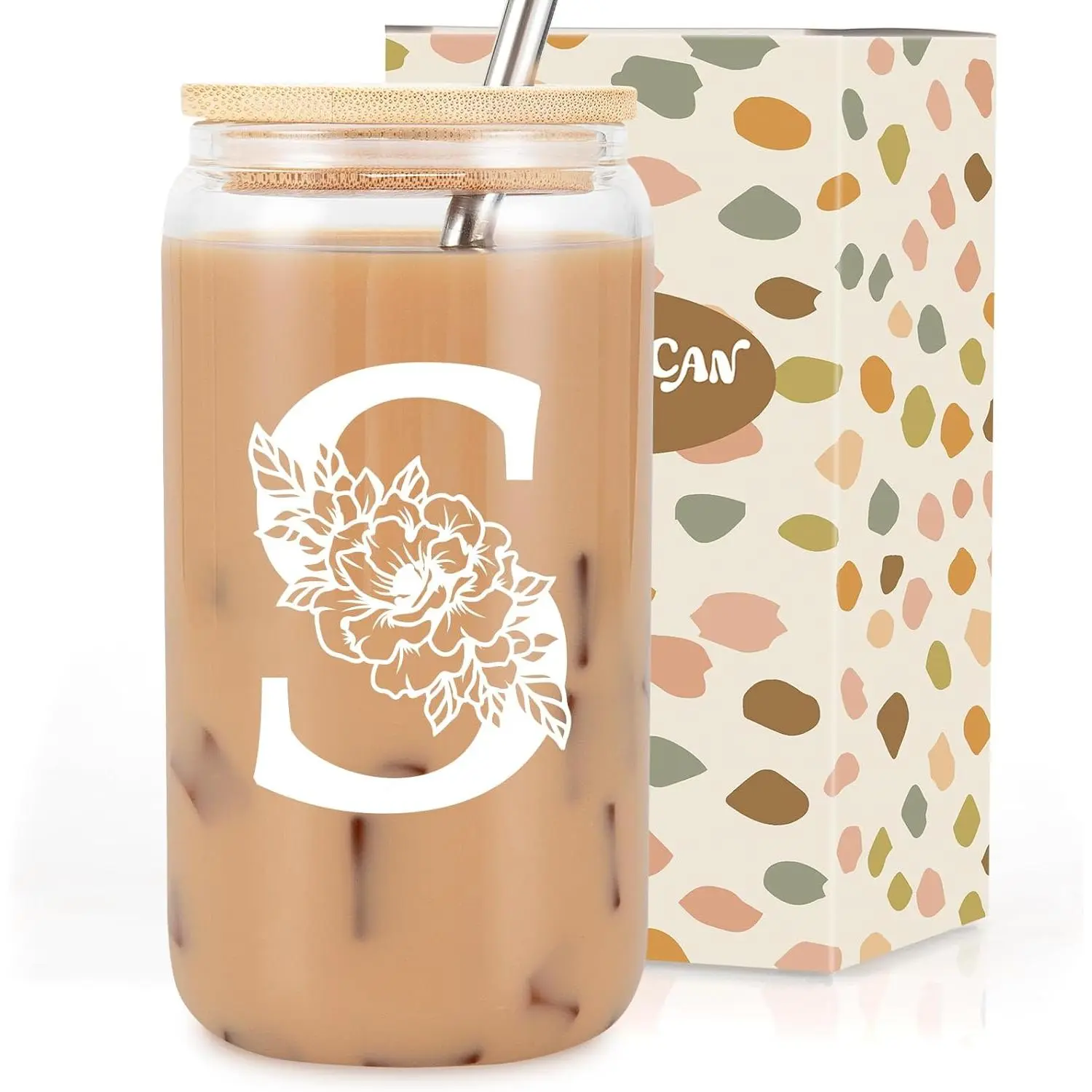 Initial Glass Cup, Monogrammed Gifts for Women, 16 oz Glass Cups w/Lids Straws, Iced Coffee Smoothie  Tumbler w/Straw Lid - Personalized Mothers Day, Birthday Gifts for Her Mom Friend