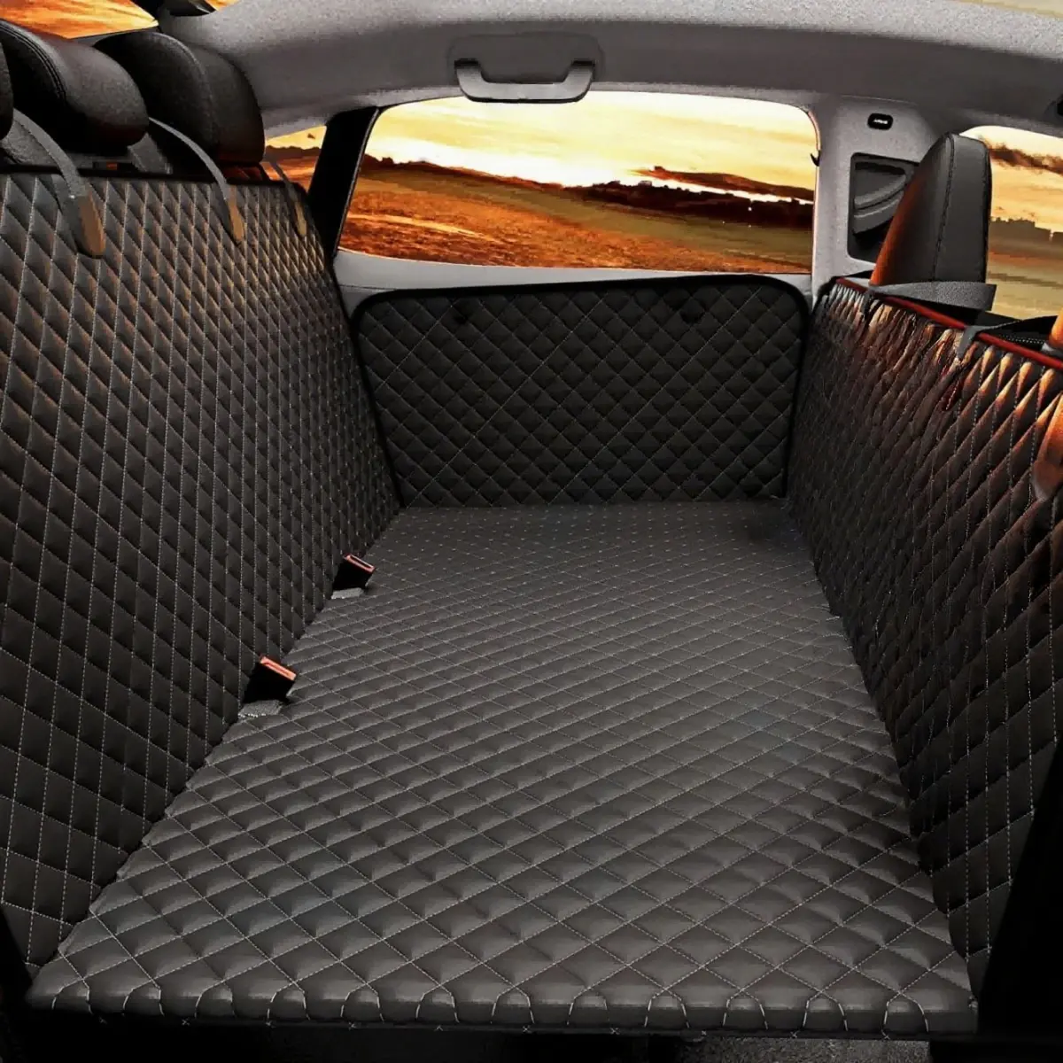 Back Seat Extender for Dogs, Holds 420lbs, Waterproof Pet Dog Cat Car Back Seat Cover With Side Flaps and 2pcs Pet Seat Belt , Hammock Car Rear Seat Mat Trunk Cushion Protector Pad, Easy to Use and Clean, Universal Fits for Car SUV Sedan Coupe Truck VAN