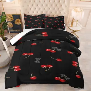 Cherry bowknot print pattern bedding set, including 1 quilt and 1 or 2 pillowcases without pillow fillers, soft children's or adult bedroom decorative gift