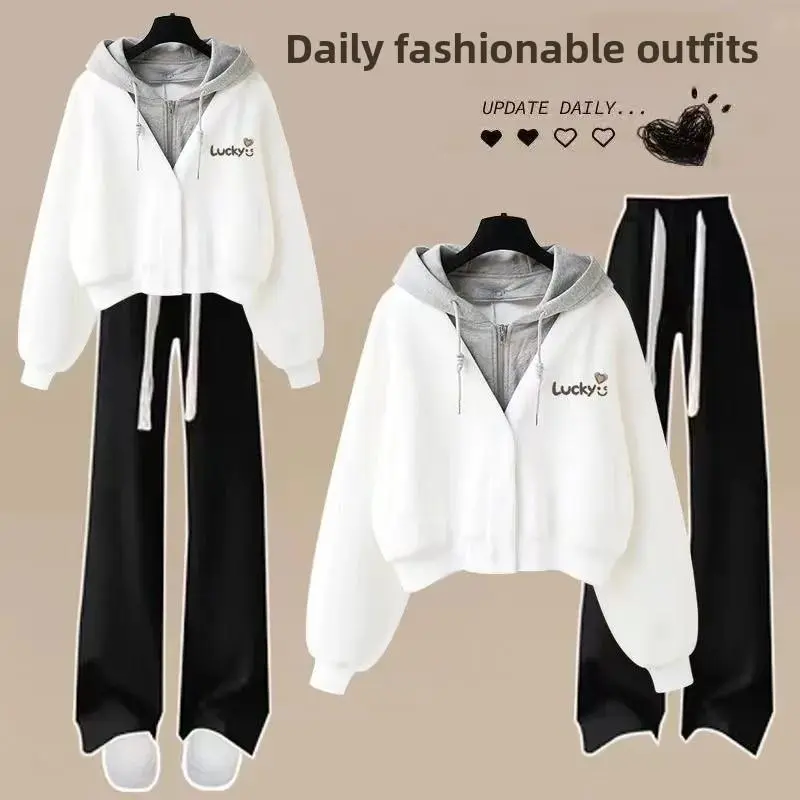 Loose Wide Leg Pants Set Women's Fashion Casual Two-Piece Hoodie Outfit Korean Style Single/Set Popular INS Trend Chic Clothes Loose Wide Leg Pants Set Women's Fashion Casual Two-Piece Hoodie Outfit Korean Style Single/Set Popular INS Trend Chic Clothes