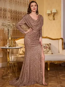 Elegant V-Neck Sequined Fitted Straight Tube Long Sleeve High Slit Floor-Length Maxi Evening Party Dress, Formal Gown Elegance for Special Occasions