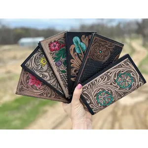 Western long wallet snap closure tooled floral leather details in black by Double B Wild Rags