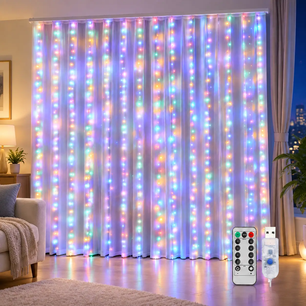 Curtain String Lights – 300 LED 9.8ft x9.8ft Warm White Fairy Lights with 8 Lighting Modes & Remote Control, USB Powered & Waterproof with Hooks for Bedroom, Christmas, Party, Wedding, Home, Garden & Wall Decor.