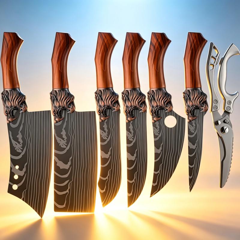 Professional 6-Piece/7-Piece Stainless Steel Kitchen Set - Laser Pattern Blades, Bone Lift & Slice, Carving, Butcher, Fish Functions, Scissors - Super Sharp, Chef-Favored Gift Ready Option