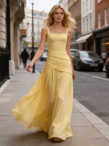 Lemon Fashion Flowy Pleated Waist Formal Long Dress, Womenswear, Elegant Fitted Chic Style, Solid Pattern, Perfect for Special Occasions