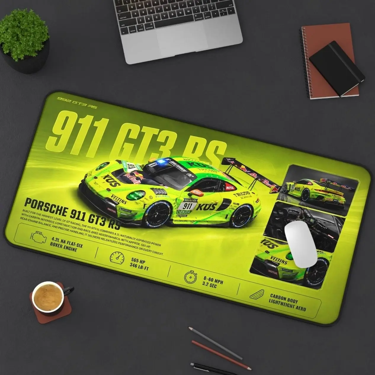 Neon Green Porsche 911 GT3 RS Desk Mat | Racing Car Mouse Pad Buzz