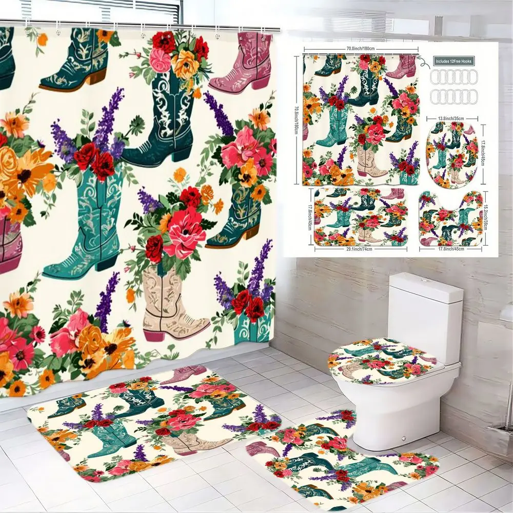 1/4pcs Western Cowboy Boots Floral Shower Curtain Set, Western Shower Curtains For Bathroom, Bathroom Accessories - Turquoise Pink Boots, Colorful Flowers & Greenery, White Background, Matching Toilet Lid Cover, Bath Mat - Decor for Bathroom