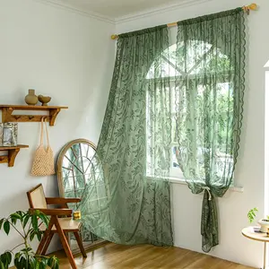 Olive Green Lace Curtains 84 Inches Long for Bedroom Living Room, Leaf Embroidery Window Sheer Drapes Pair, Rod Pocket  Country Window Treatments Set of 2 Panels, 57" W x 84" L