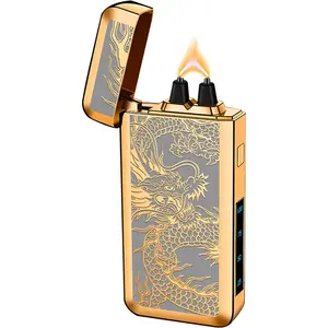 Big Arc Lighter Type-C Plasma Windproof Candle Cool Lighter with Chip for Camping, Adventure (Gold Dragon)