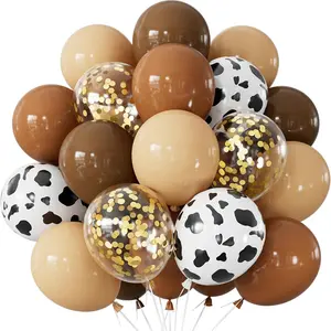 Brown Cow Print Balloons - 60Pcs Western Party Balloons, 12Inch Coffee Brown Beige Latex Balloons with Confetti for Cow Birthday, Shower,Western Party, Farm Themed Cowboy Decor