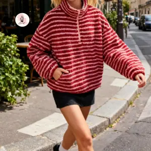 Women's Spring Autumn Fleece Sweatshirt Long Sleeve Half Zip High Neck Striped Pullover