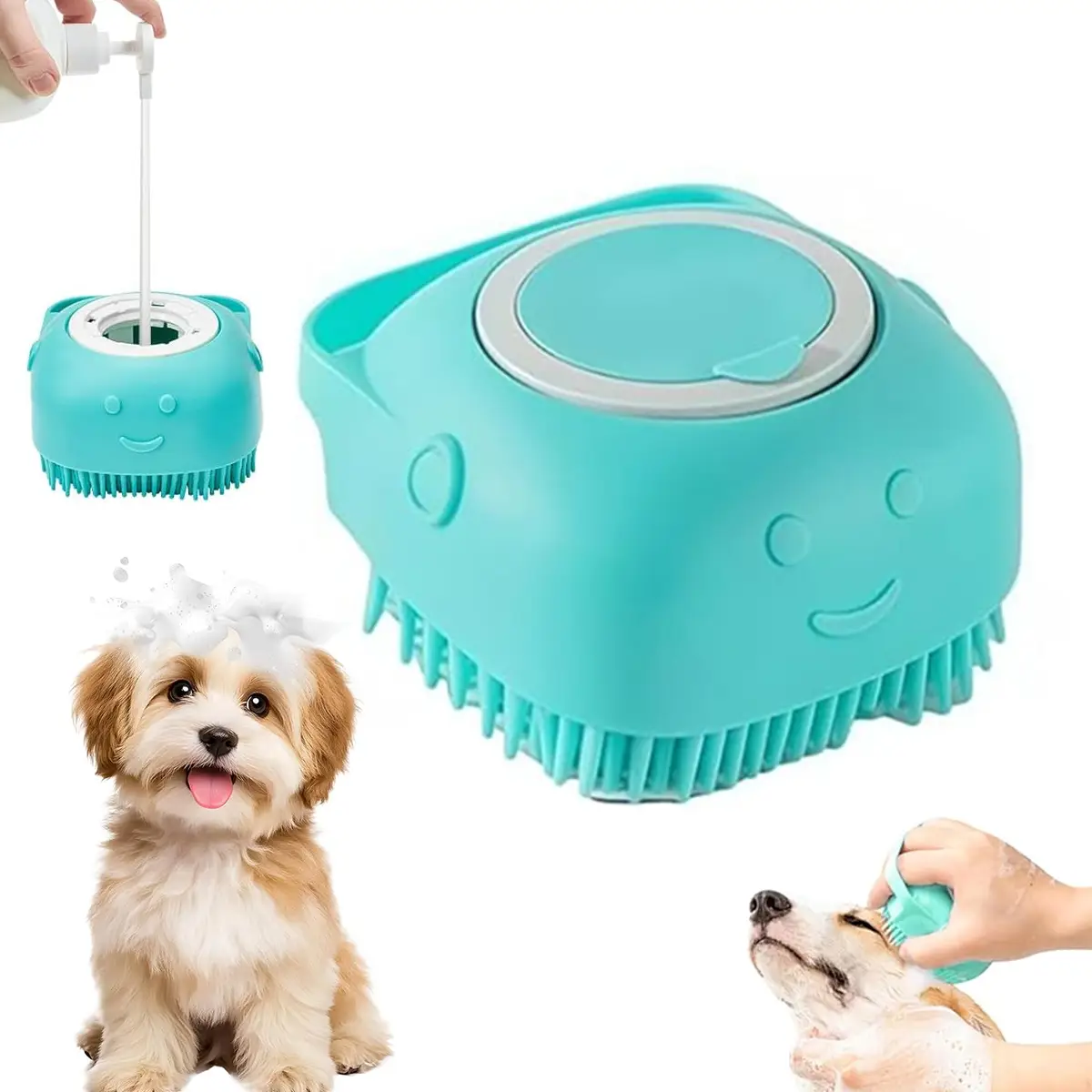 PetGroomingBathMassageBrush with Soap and Shampoo Dispenser Soft Silicone Bristle for Long Short Haired Dogs Cats Shower Animal Bathing Massager Bath