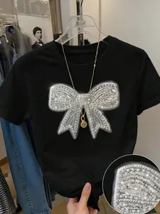 Women's Rhinestone Decor Bowknot Design Tee, Fashion Casual Crew Neck T-shirt for Daily Holiday Vacation Outdoor Wear, Ladies Clothes for Summer, Top