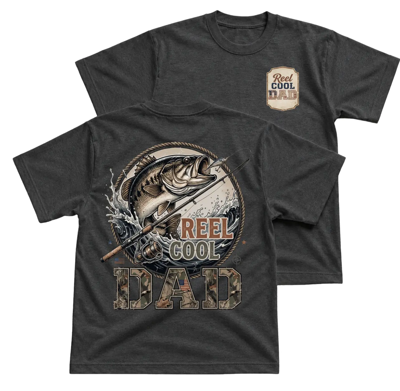 Reel Cool Dad Fishing T-Shirt, Bass Fishing Graphic Tee With Rod And Reel Back Print, Camouflage Dad Letter Shirt, Front Chest Reel Cool Dad Logo, Outdoor Lake Angler Apparel Gift for Father’s Day and Men Women