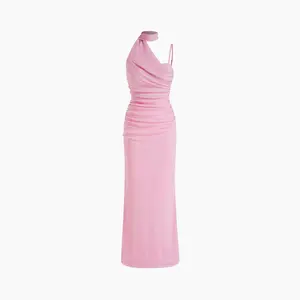 Cider Mesh Halter Neckline Ruched Maxi Dress With Scarf