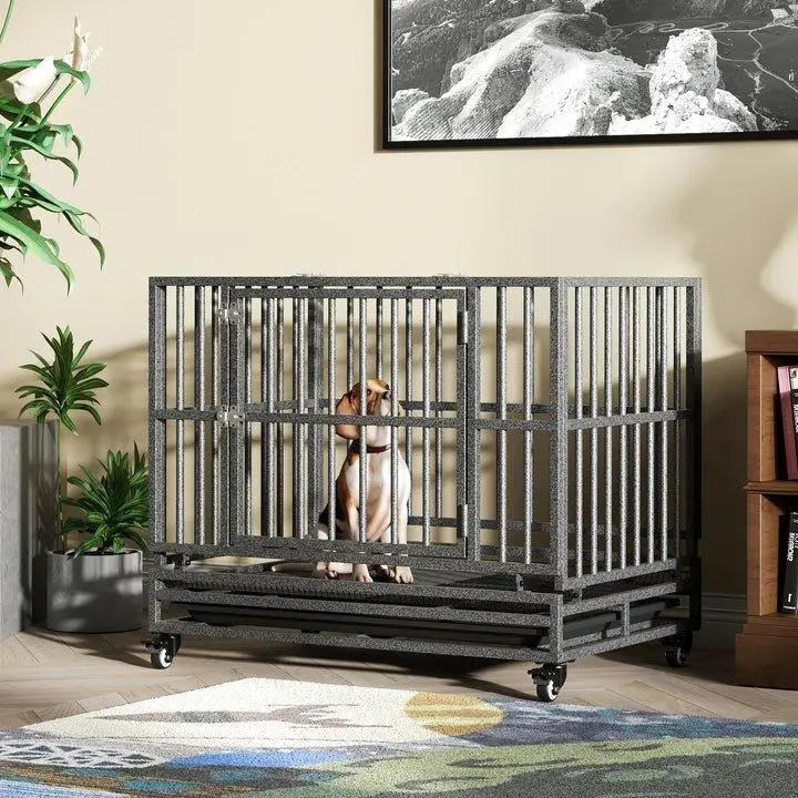 Luckyberry Heavy Duty Extra Large Indestructible Dog Crate Kennel Indoor with Lockable Wheels and Removable Tray