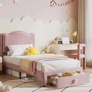 Garvee Padded bed frame with storage drawer and headboard, easy assembly, solid wooden slats, no box spring needed, size 195 x 99 x 105 cm, in pink